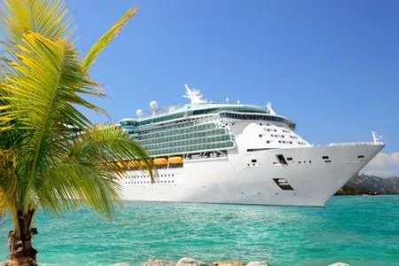 A cruise ship on open blue water